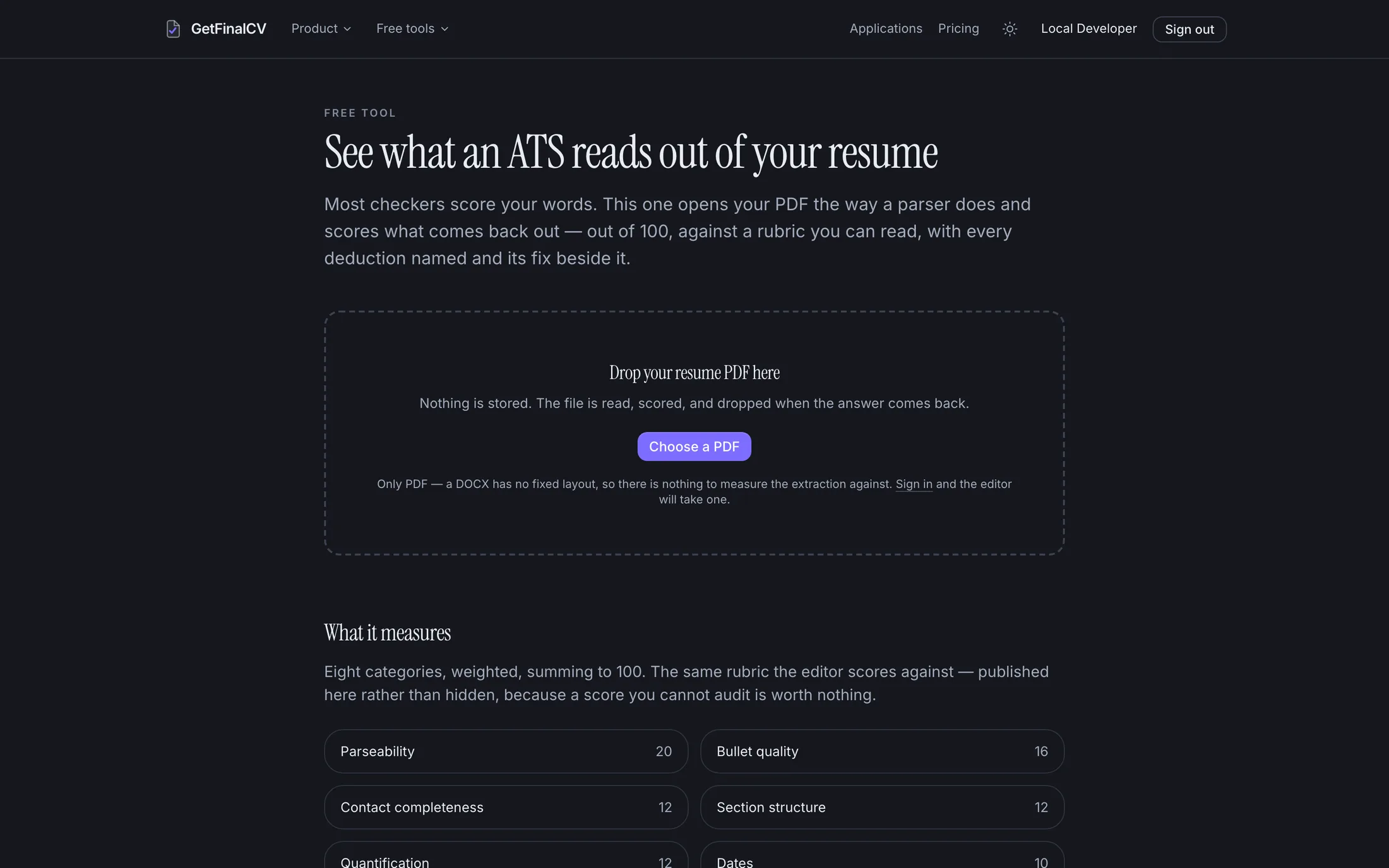 The free ATS resume checker on a desktop: a drop area for a resume PDF, and the eight scoring categories listed beneath it.