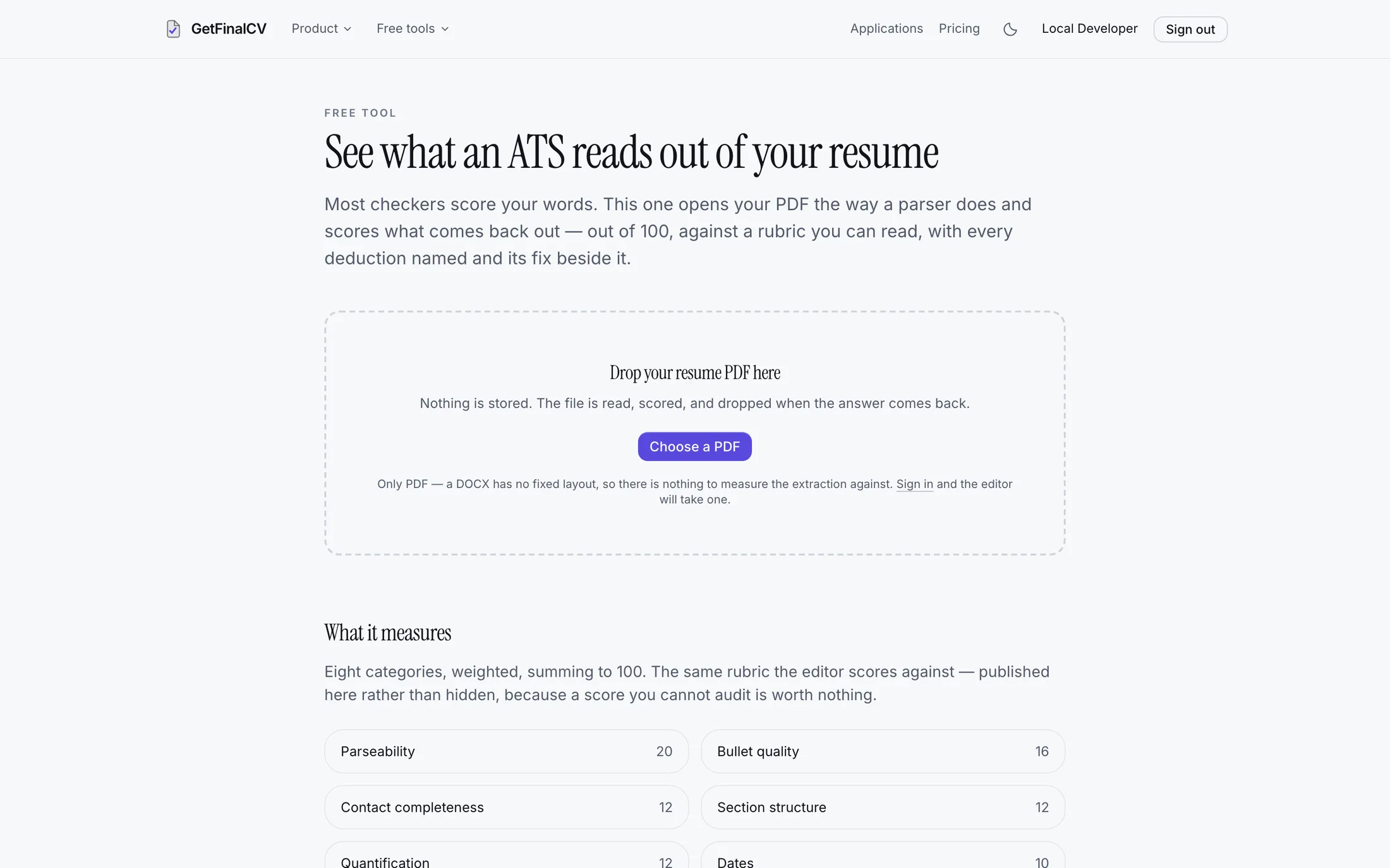 The free ATS resume checker on a desktop: a drop area for a resume PDF, and the eight scoring categories listed beneath it.