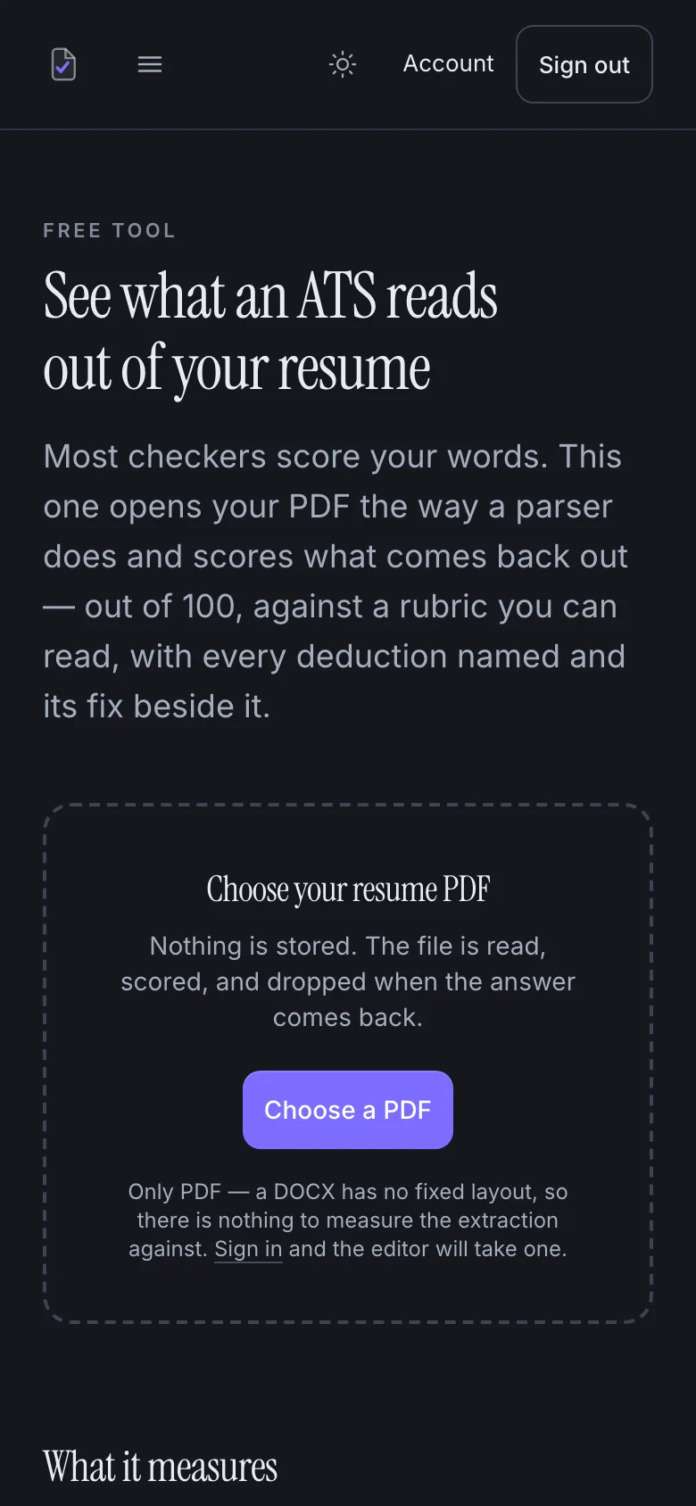 The free ATS resume checker on a phone: the drop area for a resume PDF above the list of scoring categories.