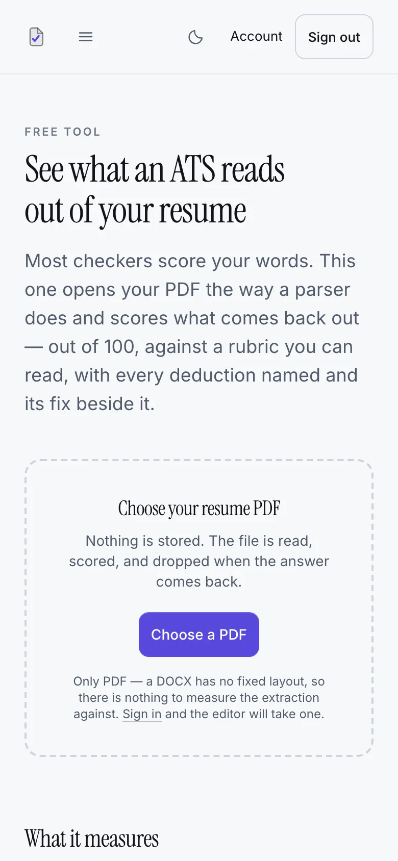 The free ATS resume checker on a phone: the drop area for a resume PDF above the list of scoring categories.