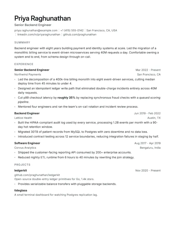 The Minimal resume template, rendered